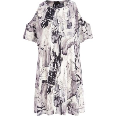 Black splash print cold shoulder dress