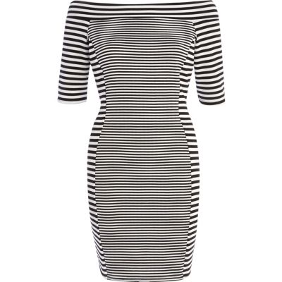 Black mixed stripe bardot bodycon dress
