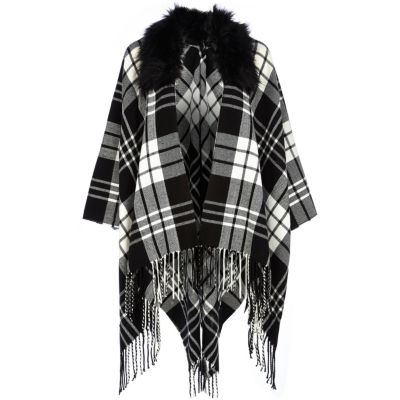 Black tartan faux fur trim blanket cape