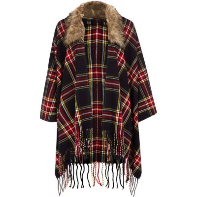 Navy blue tartan faux fur trim cape