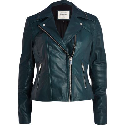 Dark teal leather biker jacket