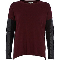 Dark red leather-look sleeve jumper