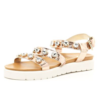 Gold gem stone embellished flatform sandals