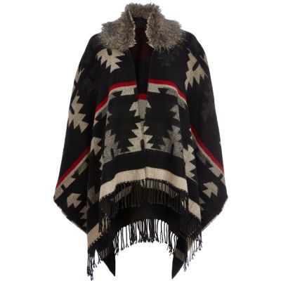 Black aztec print faux fur trim cape