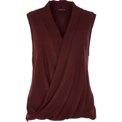 Dark red sleeveless wrap blouse