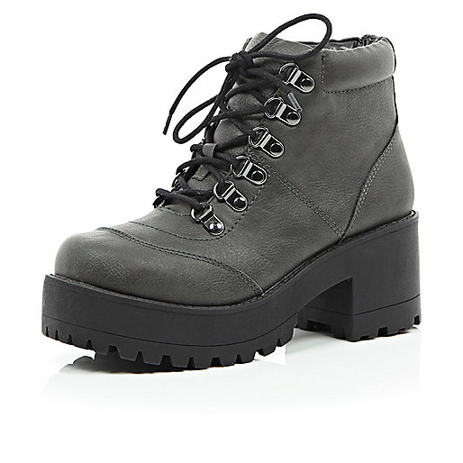 Grey chunky leather-look hiker boots