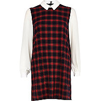 Red check contrast sleeve shift dress