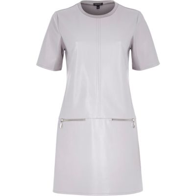 Grey leather-look zip trim t-shirt dress