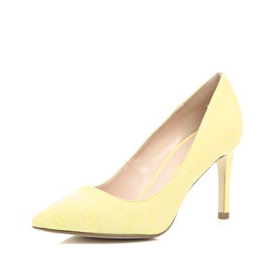 Yellow snake print mid heel court shoes