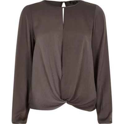 Grey long sleeve knot front slit back top