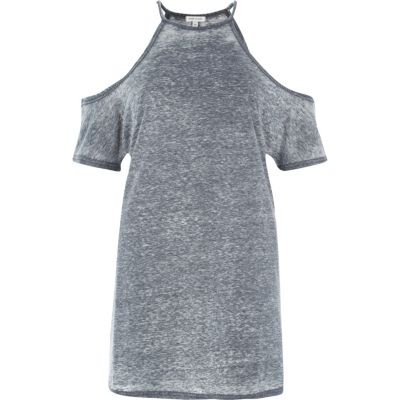 Grey burnout cold shoulder oversized t-shirt