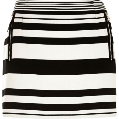 Black and white stripe zip pocket mini skirt
