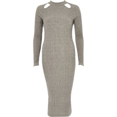 Grey ribbed cut out bodycon dress