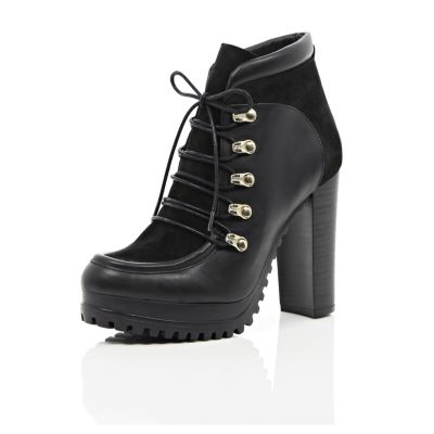 Black leather and suede heeled ankle boots