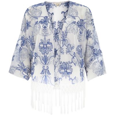 White china print fringed kimono