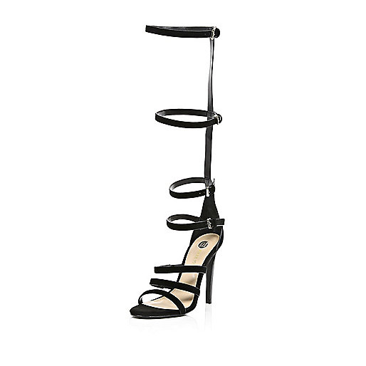 Black suede high leg gladiator sandals - heeled sandals - shoes ...