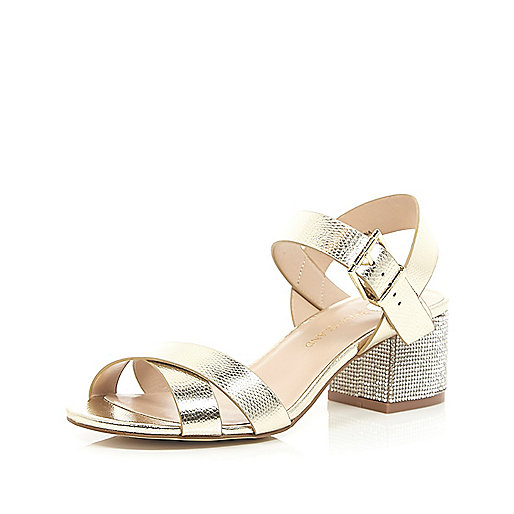 Gold leather diamante block heel sandals - heeled sandals - shoes ...