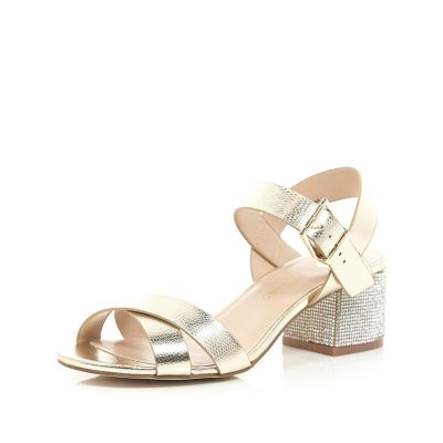 Gold leather diamante block heel sandals - heeled sandals - shoes ...