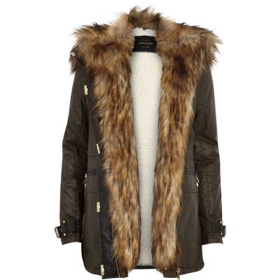 Khaki faux fur trim parka jacket