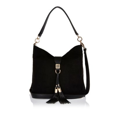 Black tassel front slouchy handbag