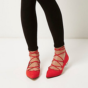 Red ghillie lace up pointed flats