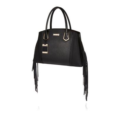 Black fringed tote handbag