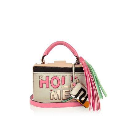Light grey slogan box handbag