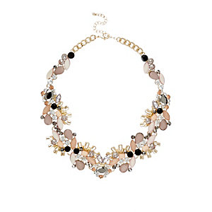 Gold tone pink gem necklace