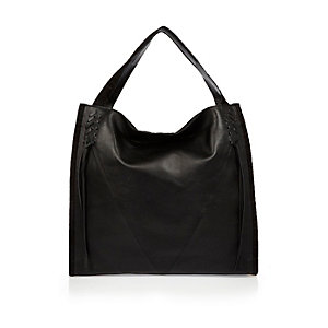 Black leather lace tote handbag