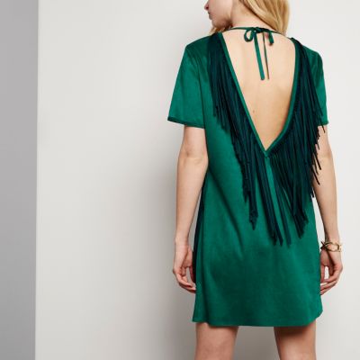 Dark green suede fringe dress
