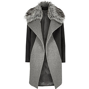 Grey faux fur collar coat