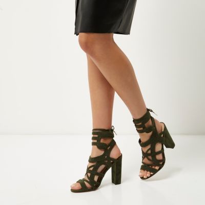 Khaki braided cage heel sandals