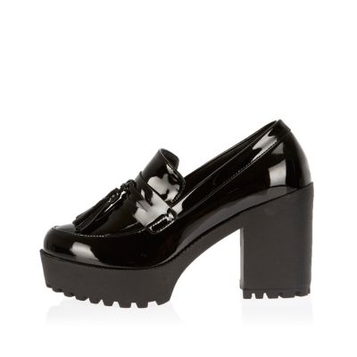 asos design storm chunky mid heeled loafers in black patent