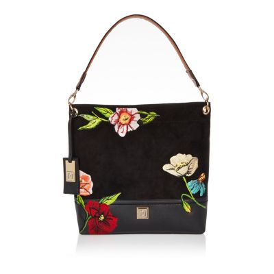 Black floral embroidered slouch handbag shoulder bags bags / purses