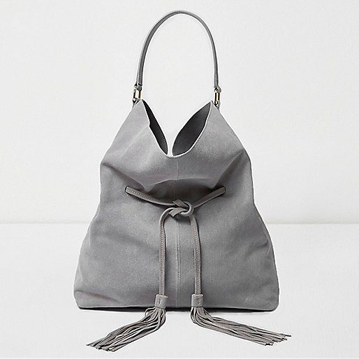 Grey suede drawstring slouch tote bag - shoulder bags - bags / purses - women