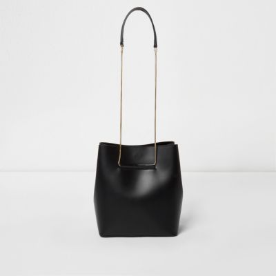 Black leather chain strap bucket bag shoulder bags bags / purses