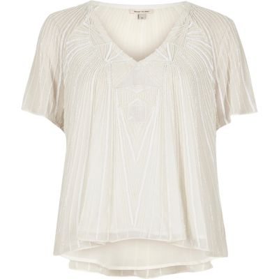 Cream embellished Tshirt blouses tops women