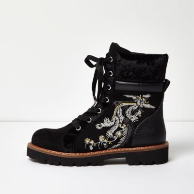 Black embroidered panel utility boots boots shoes / boots women