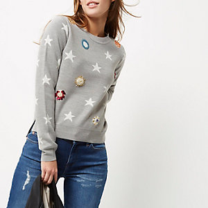 Grey embellished star knit jumper