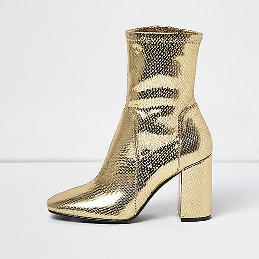 gold block heel boots
