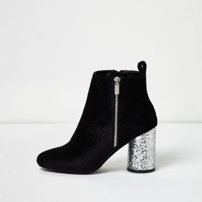 Black Velvet Glitter Heel Ankle Boots Boots Shoes Boots Women 