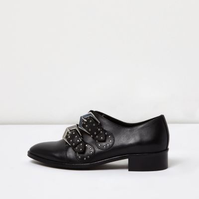 Black studded buckle shoes flat shoes shoes / boots women