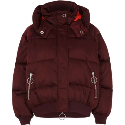 red cropped puffer jacket with hood