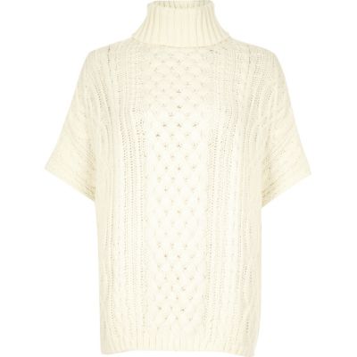 Cream cable knit short sleeve poncho capes / kimonos coats