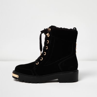 black suedette teddy trim chunky lace up boots