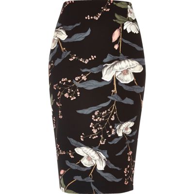 Black Floral Print Long Length Pencil Skirt Midi Skirts Skirts Women