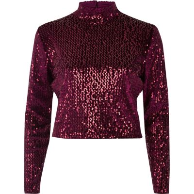 Burgundy sequin turtleneck crop top crop tops / bralets tops women