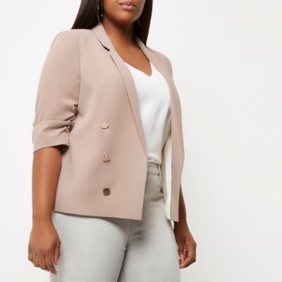 Plus blush pink ruched sleeve blazer blazers coats / jackets women