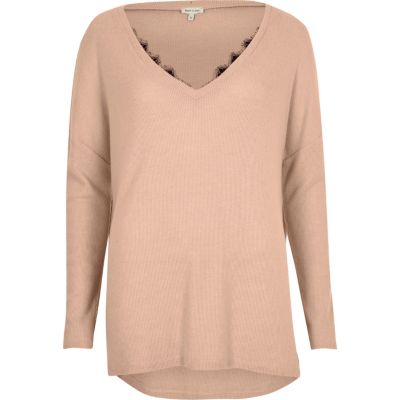 Light pink knit top with lace detail knitted tops knitwear women