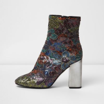 sequin block heel boots